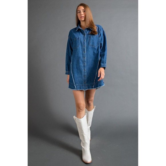 easel Dresses Easel Dk Denim Stone Washed Collared Neckline Button